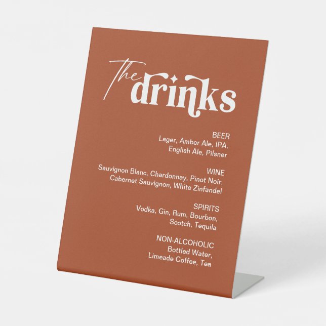 Boho Retro 70s Terracotta Drink Menu Wedding Bar Pedestal Sign (Front)