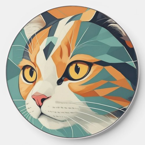 Boho retro abstract cat portrait orange green wireless charger 