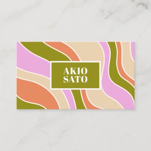Boho Retro Abstract Wavy Lines Pink Green  Business Card