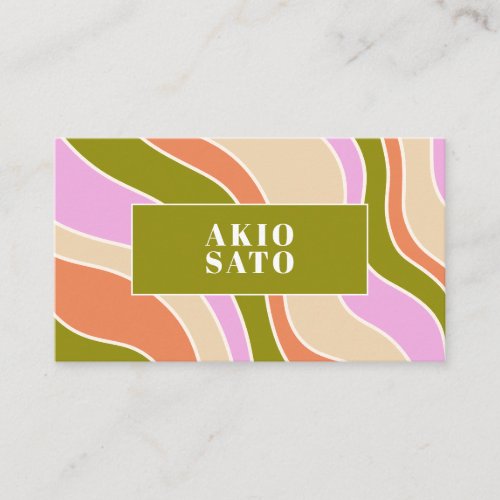 Boho Retro Abstract Wavy Lines Pink Green  Business Card