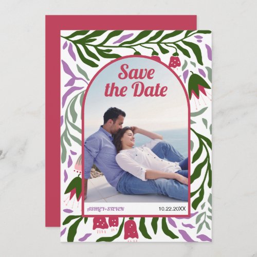 Boho retro arch colorful folklore flowers magenta save the date