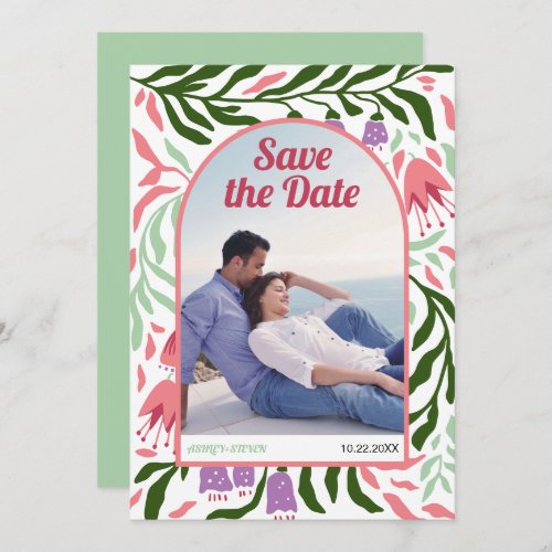 Boho retro arch colorful folklore flowers save the date