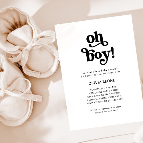 Boho Retro Black and White  Oh Boy Baby Shower Invitation