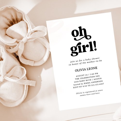 Boho Retro Black and White  Oh Girl Baby Shower Invitation