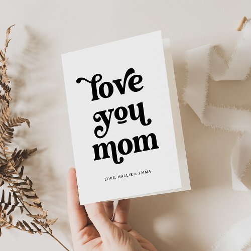 Boho Retro Black Text  Love you Mom with Photo Holiday Card