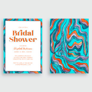 Boho Retro Blue Teal Typography Wavy Bridal Shower Invitation