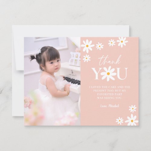 Boho Retro Blush Daisy Floral Girl Birthday Photo Thank You Card