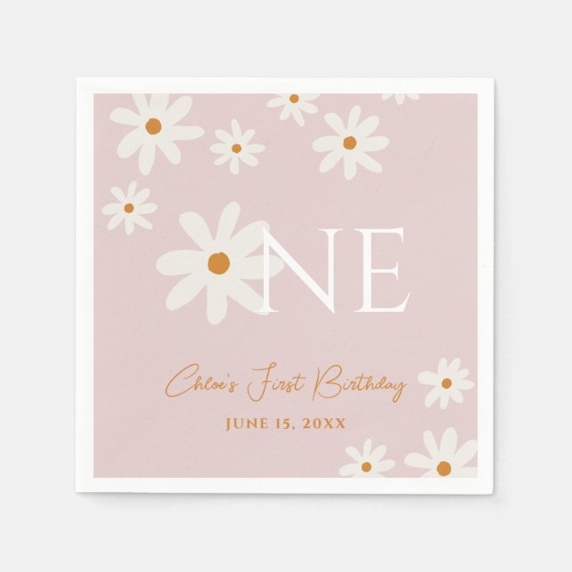 Boho Retro Blush Pink Daisy First Birthday Napkins (Front)