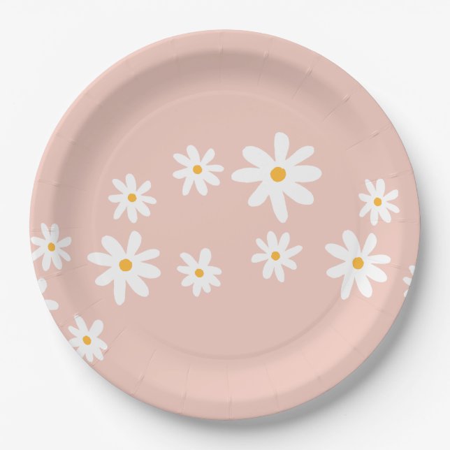 Boho Retro Blush Pink Daisy Floral Paper Plates (Front)
