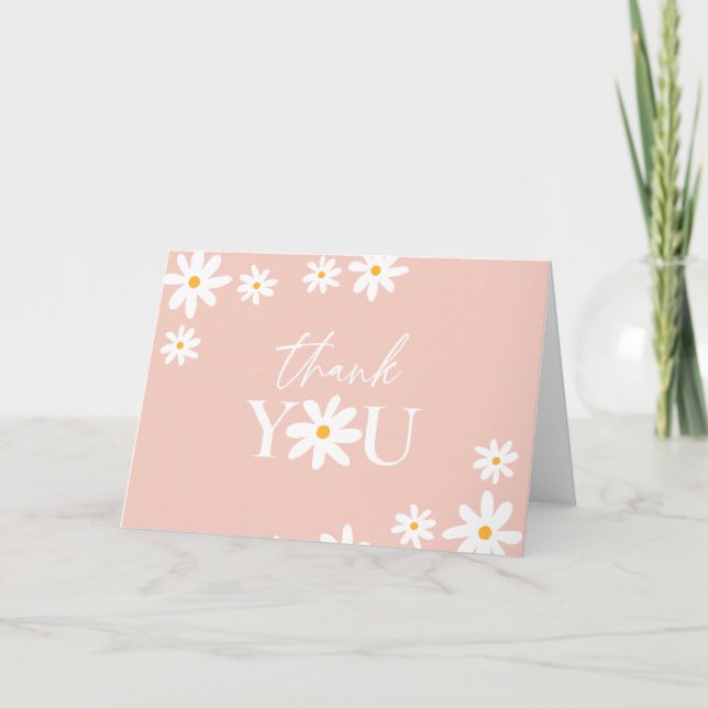 Boho Retro Blush Pink Daisy Floral Thank You Card (Front)