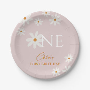 Boho Retro Blush Pink Daisy Girl First Birthday Paper Plates