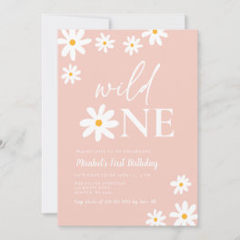 Boho Retro Blush Pink Daisy Wild One 1st Birthday Invitation