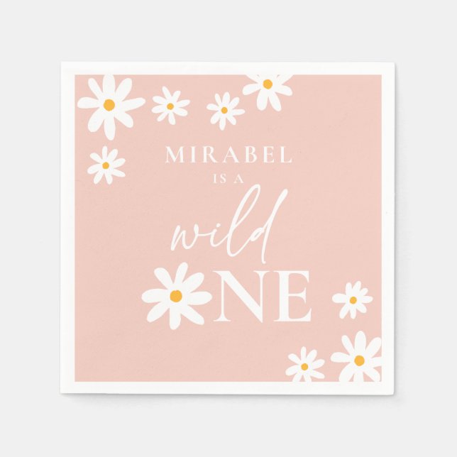Boho Retro Blush Pink Daisy Wild One 1st Birthday Napkins (Front)