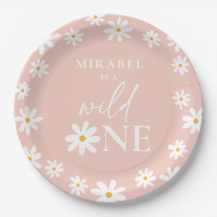 Boho Retro Blush Pink Daisy Wild One 1st Birthday Paper Plates