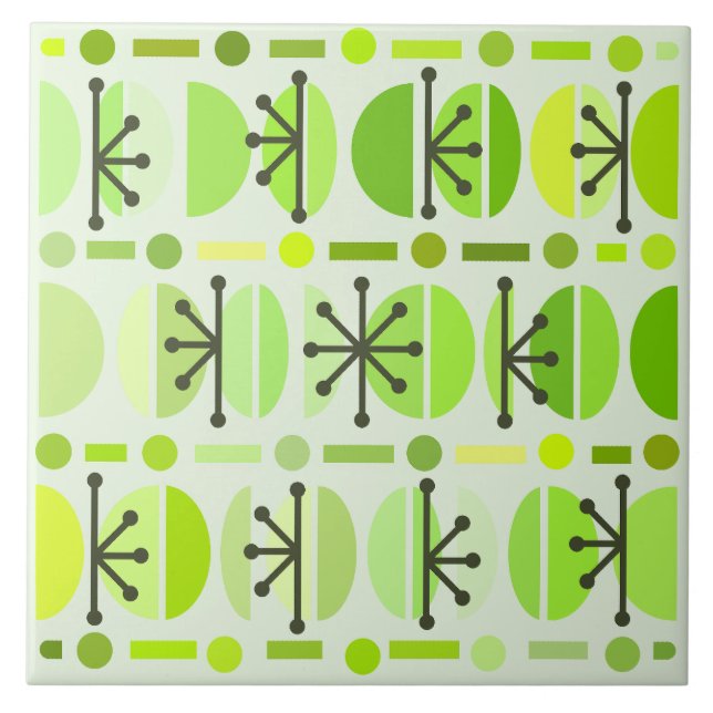 Boho Retro Bowls Lines Chartreuse Ceramic Tile (Front)