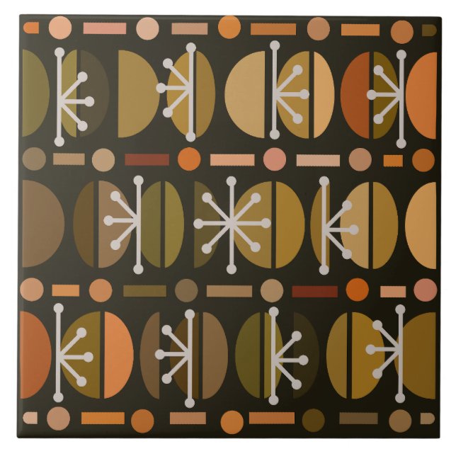Boho Retro Bowls Lines Dark Earth Tones Ceramic Tile (Front)