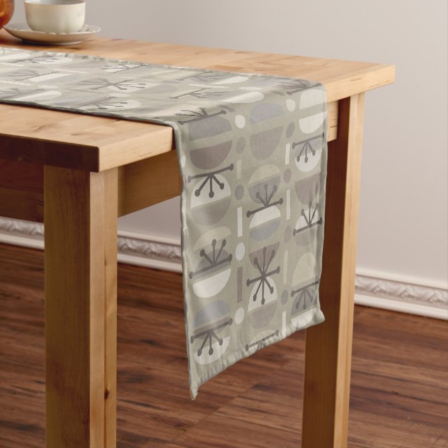 Boho Retro Bowls Lines Taupe Short Table Runner (In Situ)