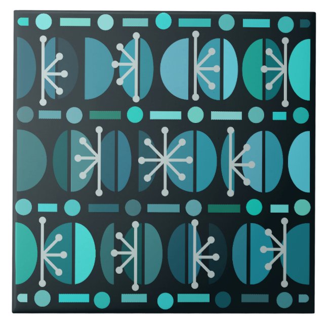 Boho Retro Bowls Lines Teal Ceramic Tile (Front)