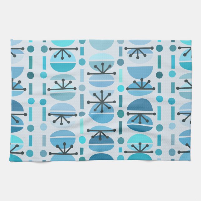 Boho Retro Bowls Lines Turquoise Kitchen Towel (Horizontal)