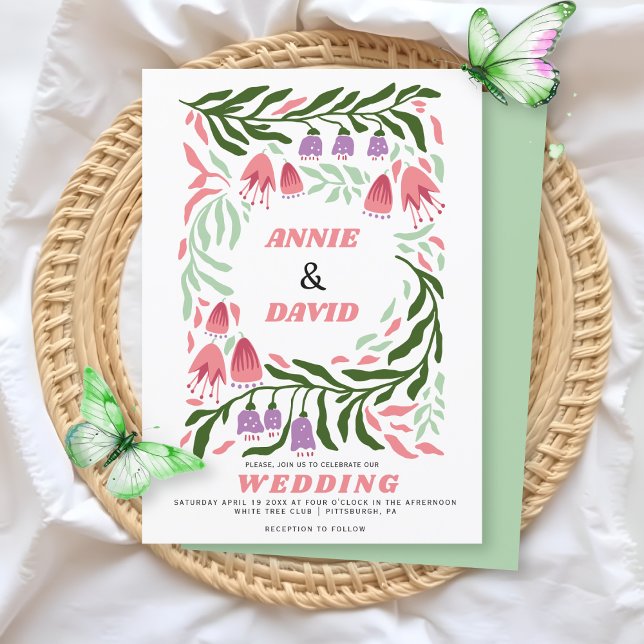 Boho retro branches and flowers QR code wedding Invitation (Creator Uploaded)