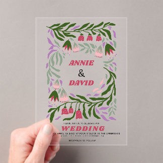 Boho retro branches and folklore flowers wedding acrylic invitations