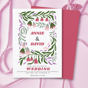Boho retro branches and folklore flowers wedding invitation