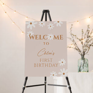 Boho Retro Brown Daisy Girl Birthday Welcome Sign