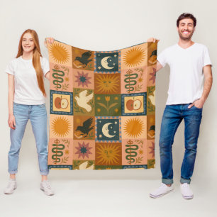 Boho Retro Celestial Sun Moon Fleece Blanket