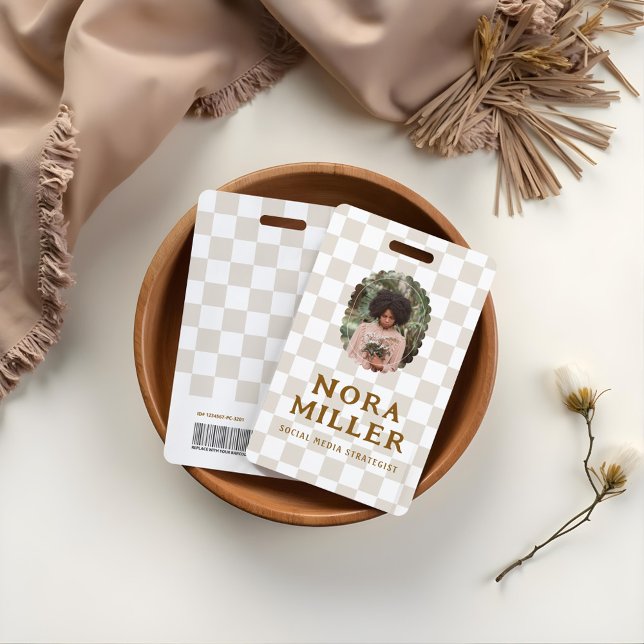 Boho Retro Checkered Pattern Photo ID Barcode Badge (Boho Retro Checkered Pattern Photo ID Barcode Badge)