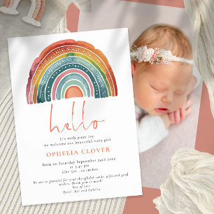 Boho Retro Colored Rainbow Hello Photo Birth Announcement
