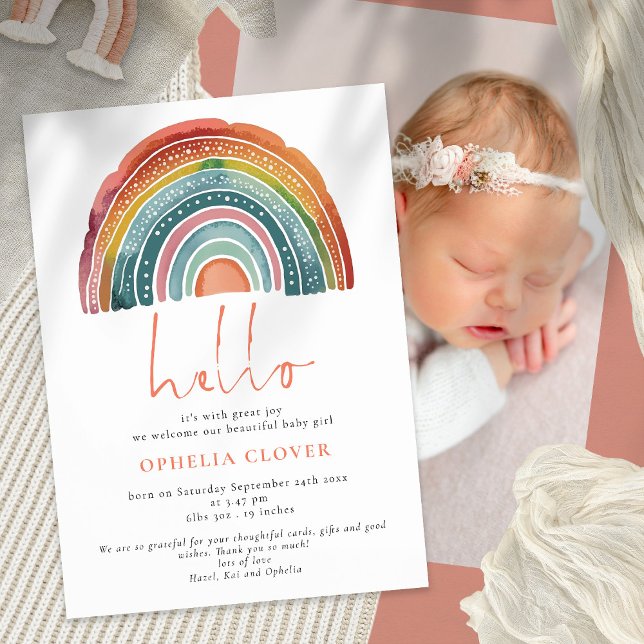 Boho Retro Colored Rainbow Hello Photo Birth Announcement (Creator Uploaded)