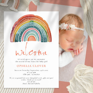 Boho Retro Colored Rainbow Welcome Photo Birth Announcement