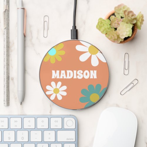 Boho Retro Daisies Floral Personalized Wireless Charger