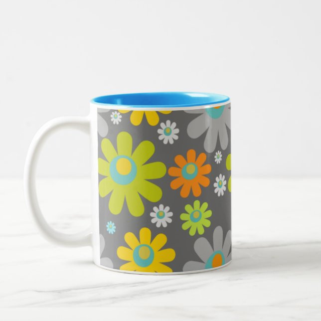 Boho Retro Daisies on Gray Two-Tone Coffee Mug (Left)