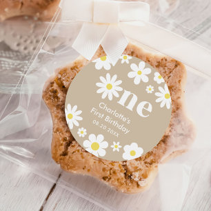 Boho Retro Daisy 1st Birthday Classic Round Sticker