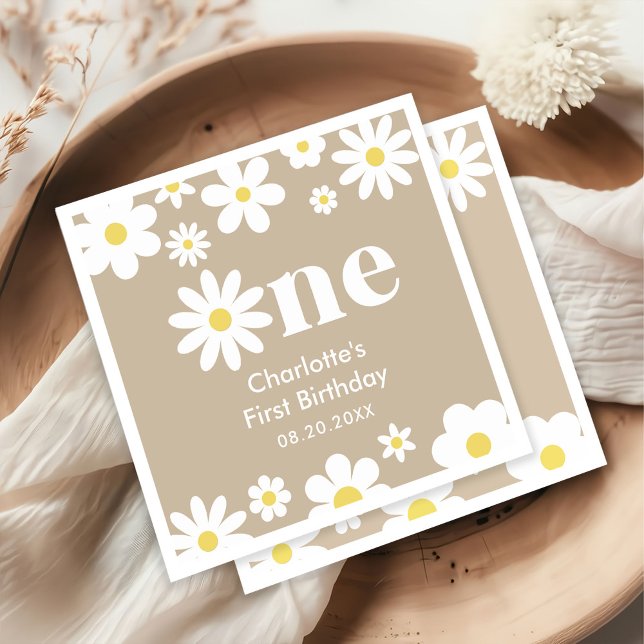 Boho Retro Daisy 1st Birthday Napkins (Creator Uploaded)