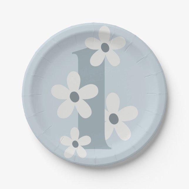 Boho Retro Daisy 1st Blue Groovy Birthday  Paper Plates (Front)