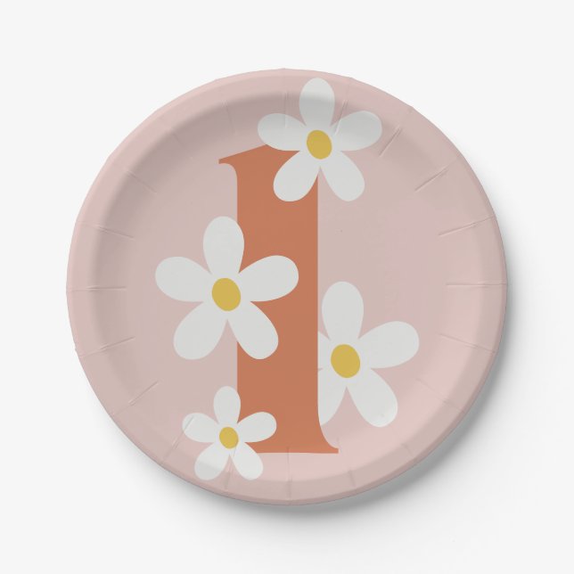 Boho Retro Daisy 1st Groovy Birthday  Paper Plates (Front)