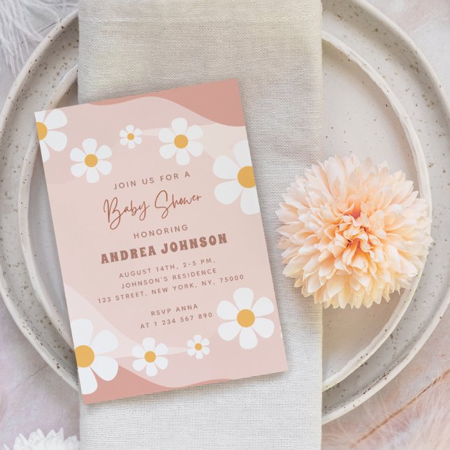 Boho Retro Daisy Floral Earthy Neutral Baby Shower Invitation (Creator Uploaded)