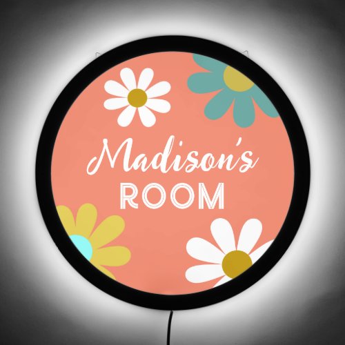 Boho Retro Daisy Girls Bedroom Personalized LED Sign