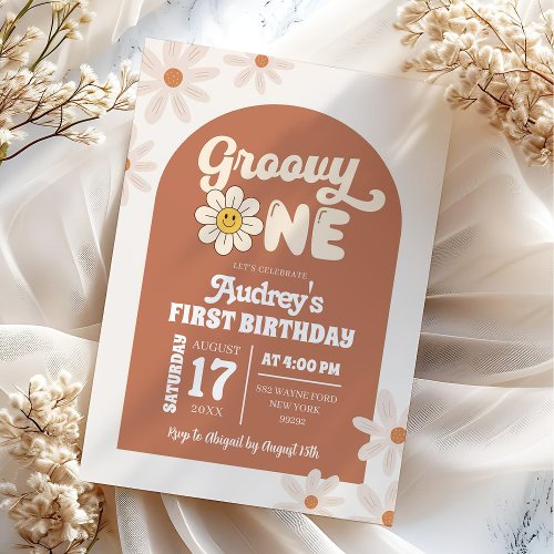 Boho Retro Daisy Groovy One First Birthday Invitation