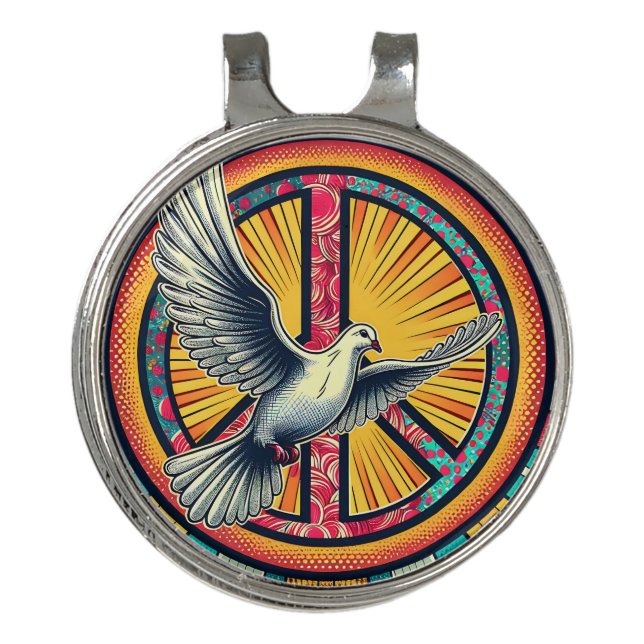 Boho Retro Dove and Peace Sign Golf Hat Clip (Front)