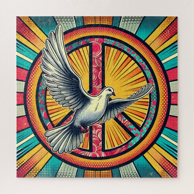 Boho Retro Dove and Peace Sign Jigsaw Puzzle (Vertical)