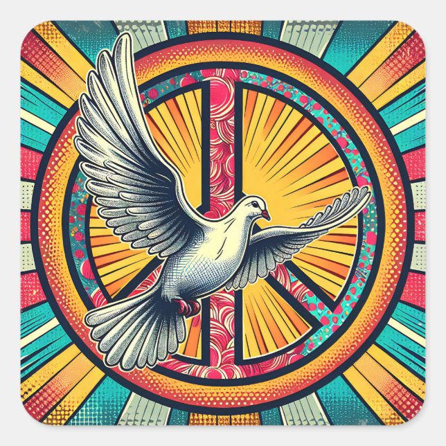 Boho Retro Dove and Peace Sign Square Sticker (Front)