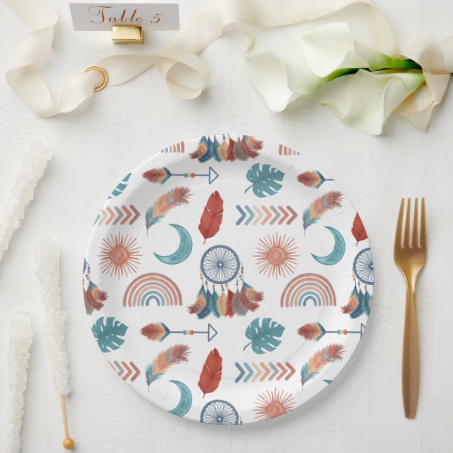 Boho Retro Drawings Pattern Paper Plates (Wedding)