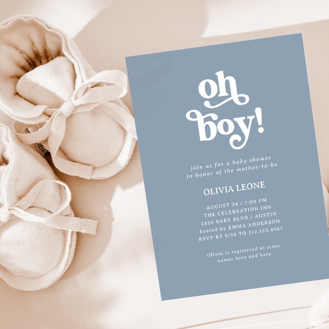 Boho Retro Dusty Blue | Oh Boy Baby Shower Invitation (Creator Uploaded)