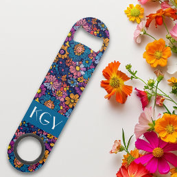 Boho Retro Floral Flower 70s Monogram Bar Key