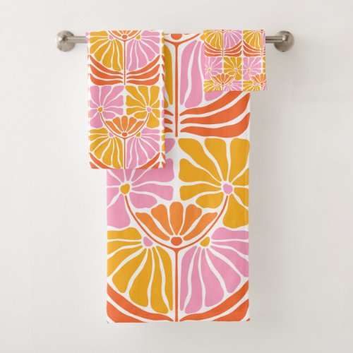 Boho Retro Floral Pink Orange Mustard Bath Towel Set