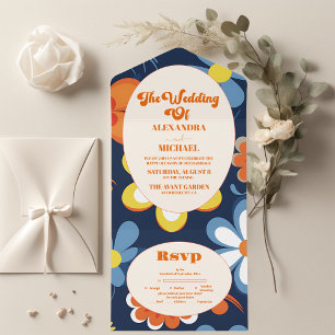 Boho Retro Floral Wedding All In One Invitation