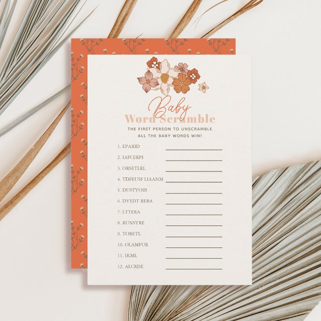 Boho Retro Floral Word Scramble Baby Shower Game Invitation (Creator Uploaded)